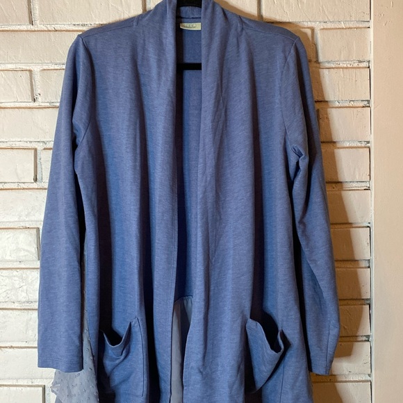 LOGO by Lori Goldstein Tops - LOGO Lori Goldstein blue open front‎ cardigan Swiss dot detail